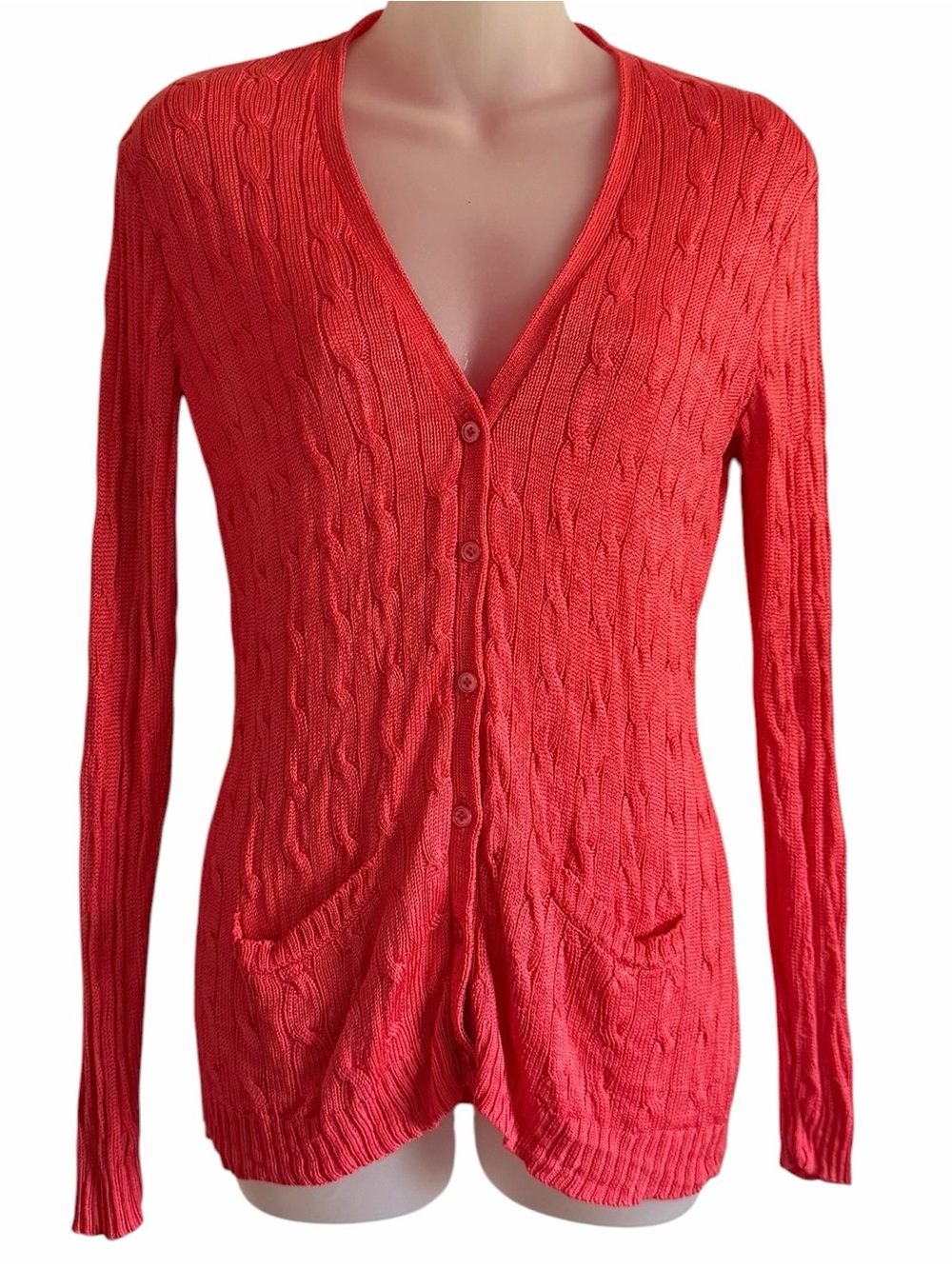Ralph Lauren Black Label Cable-Knit 100% Silk Luxury Cardigan Coral Medium